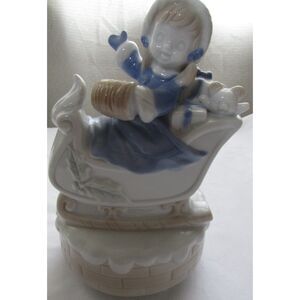 Porcelain Mogi Nagoya Japan Musical Figurine Winter Girl Sleigh bear vintage